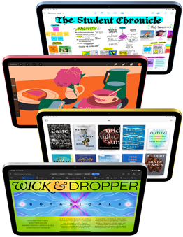 Las pantallas frontales del iPad muestran una variedad de aplicaciones de Apple y aplicaciones de App Store.