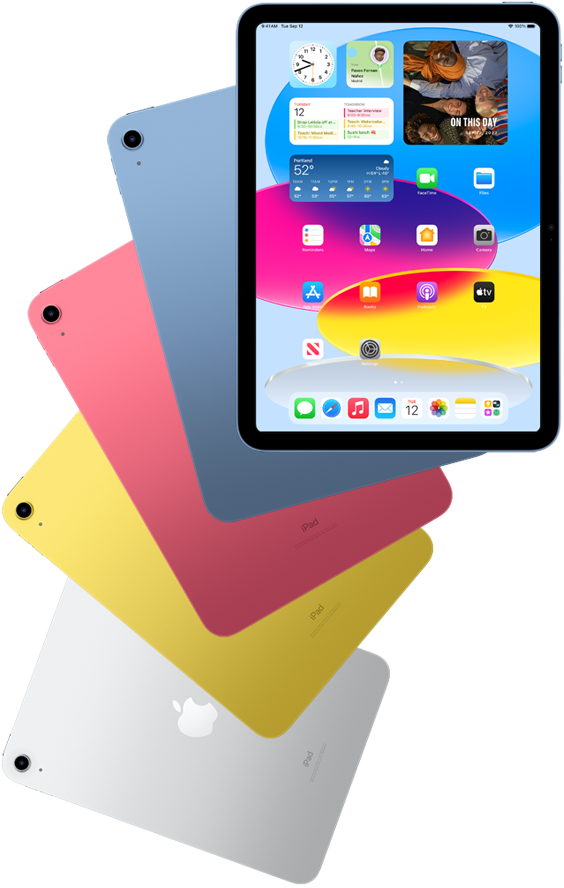 La vista frontal del iPad muestra la pantalla de inicio con iPads de color azul, rosa, amarillo y plateado orientados hacia atrás detrás de ella.
