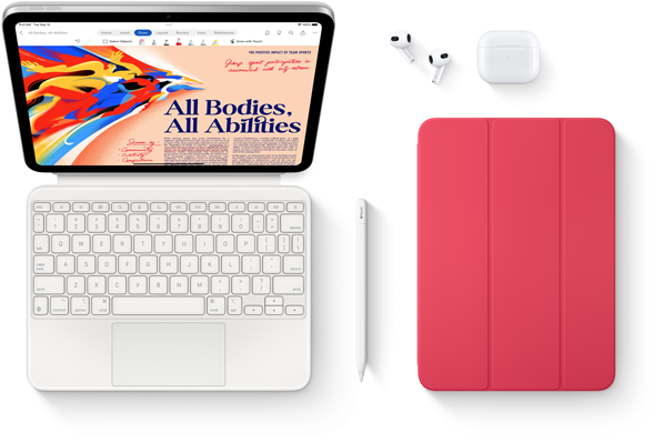 Se muestran iPad, Magic Keyboard Folio, Apple Pencil, AirPods y Smart Folio.