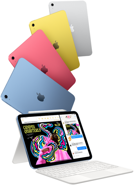 iPad en colores azul, rosa, amarillo y plateado y un iPad conectado al Magic Keyboard Folio.