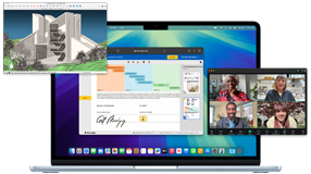 Several screens demonstrate the ease of running multiple apps at once, including webpages in Safari, a video call in Zoom and a file in SketchUp, on MacBook Air