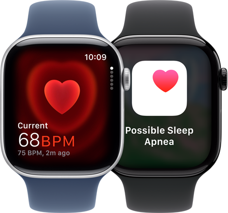 The Heart Rate app showing a current reading of 68 BPM and the sleep apnea notification screen on two separate Apple Watch Series 10 devices