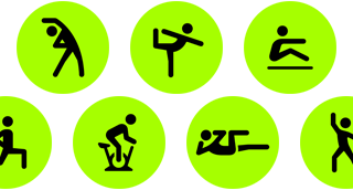 Actividades de la aplicación de entrenamiento, que incluyen yoga, remo, entrenamiento de fuerza funcional, ciclismo indoor y entrenamiento básico, representadas por íconos