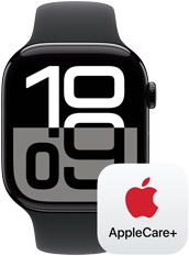 Apple Watch Series 10 junto a un logotipo de AppleCare+, que representa la cobertura de AppleCare+