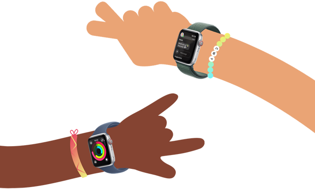 Anillos de actividad en el Apple Watch SE, en el brazo de un niño de dibujos animados. App Mensajes en el Apple Watch SE, en el brazo de un niño de dibujos animados.