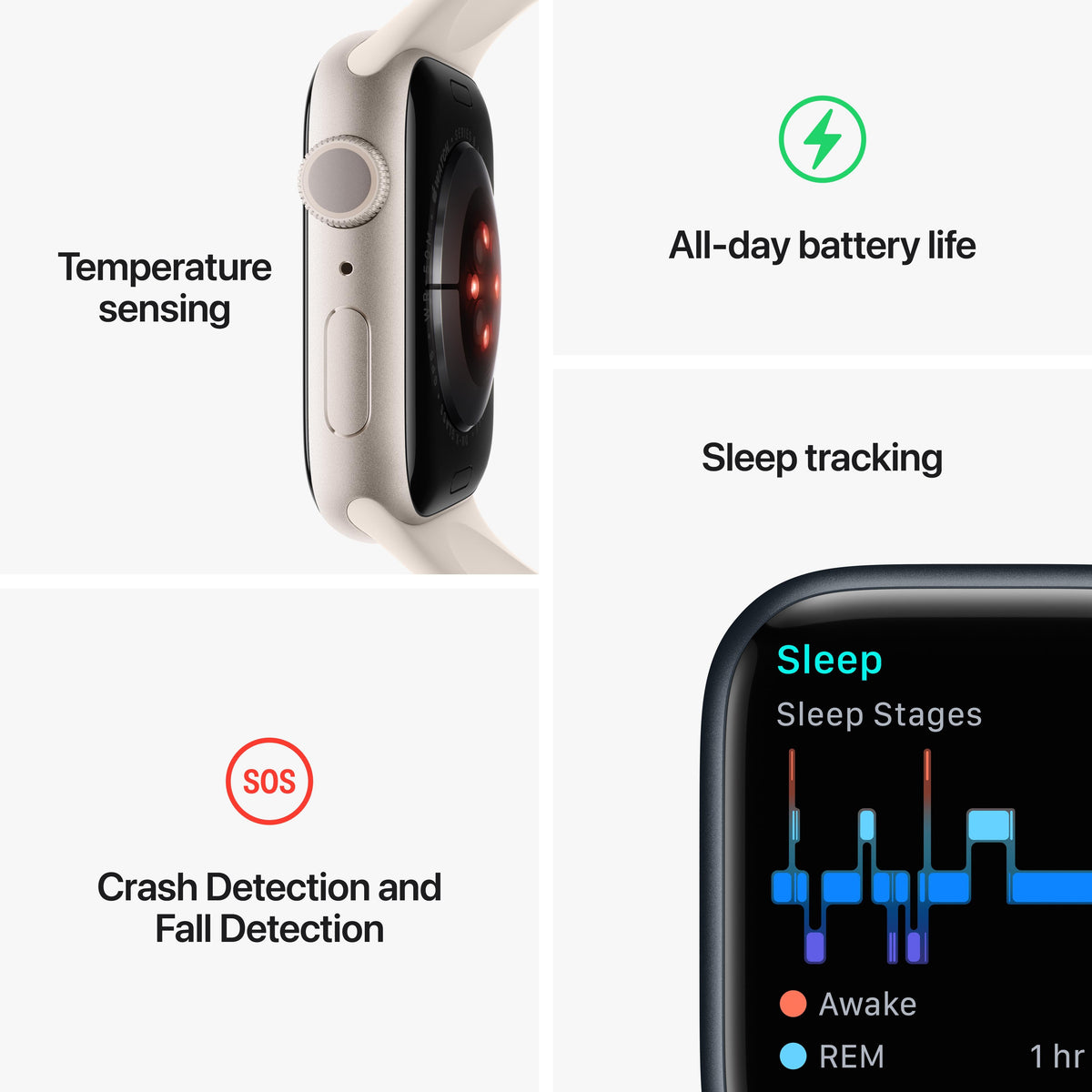 Apple Watch Series 8 GPS de 45 mm con caja de aluminio plateada y correa deportiva blanca - Talla S/M
