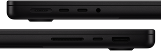 Se muestran los puertos en la MacBook Pro: lado izquierdo: MagSafe, dos puertos Thunderbolt y conector para auriculares; lado derecho: SDXC, un puerto Thunderbolt y HDMI