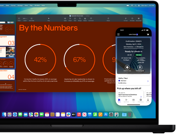 Demostración de la duplicación de iPhone, con la pantalla del iPhone dentro de la pantalla de la MacBook Pro
