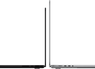 MacBook Pro de 14 y 16 pulgadas, una detrás de otra, mostrando la diferencia de tamaño y enfatizando el perfil estrecho
