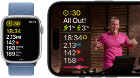 Workout metrics shown on Apple Watch and an Apple Fitness+ workout on iPhone