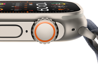 Apple Watch Ultra 2 showing rugged titanium case, flat display, digital crown and side button