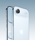 iPhone Air, Sky Blue color, back angled exterior, Fusion Main camera system in plateau at top, Camera Control button, front side exterior all screen design, action and volume buttons
