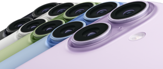 iPhone 17, exterior rear, Fusion dual-camera system, all five colors overlapping: Black, White, Sage, Mist Blue, and Lavender
