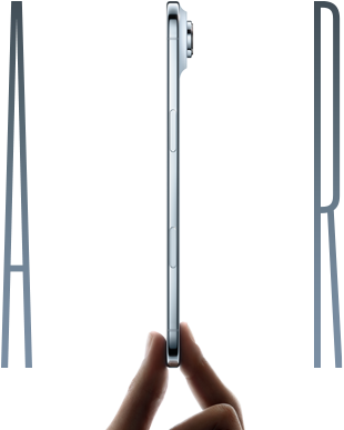 A thumb and forefinger holding iPhone Air, side exterior, Sky Blue color, very thin profile, Fusion camera system, buttons: side, Camera Control